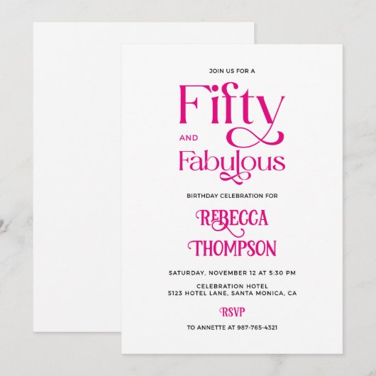 Fifty Fabulous Hot Pink Script 50th Birthday Einladung (Vorne/Hinten)