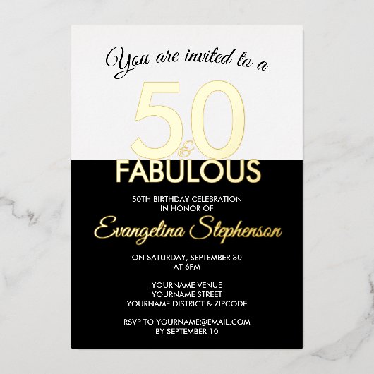 Fifty Fabulous Modern Black Gold 50th Birthday  Folieneinladung (Vorderseite)