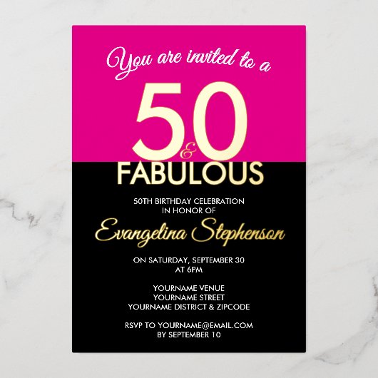 Fifty Fabulous Modern Black Pink 50th Birthday  Folieneinladung (Vorderseite)