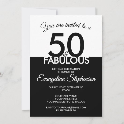 Fifty Fabulous Modern Black White 50th Birthday  Einladung (Vorderseite)