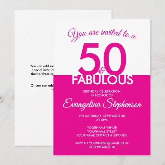 Fifty Fabulous Modern Pink White 50th Birthday Einladung (Vorne/Hinten)
