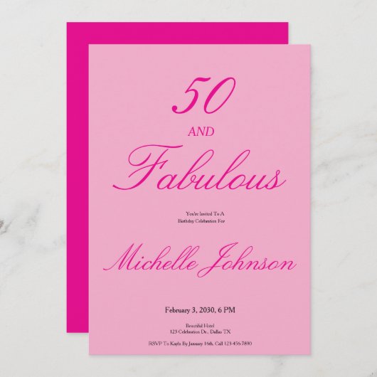 Fifty & Fabulous Pink 50th Birthday Party Einladung (Vorne/Hinten)
