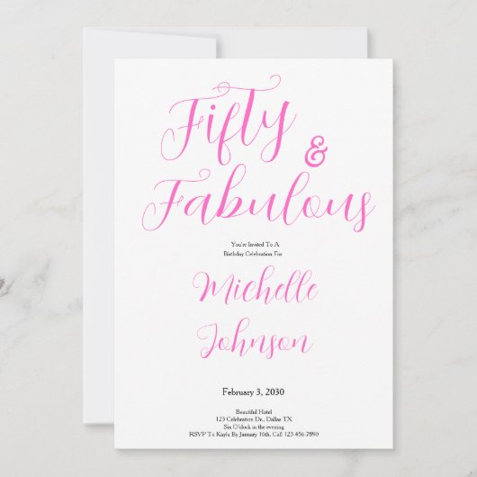 Fifty & Fabulous Pink Black 50th Birthday Party Einladung (Vorderseite)