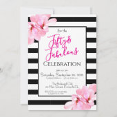 Fifty & Fabulous Pink Floral Black Stripe Birthday Einladung (Rückseite)