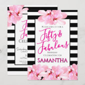 Fifty & Fabulous Pink Floral Black Stripe Birthday Einladung (Vorne/Hinten)