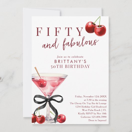 Fifty & Fabulous Red Cherry Martini 50th Birthday Einladung (Vorderseite)