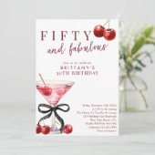 Fifty & Fabulous Red Cherry Martini 50th Birthday Einladung (Stehend Vorderseite)