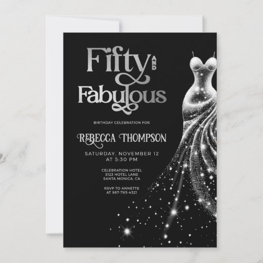Fifty Fabulous Silver Dress Black 50th Birthday Einladung (Vorderseite)