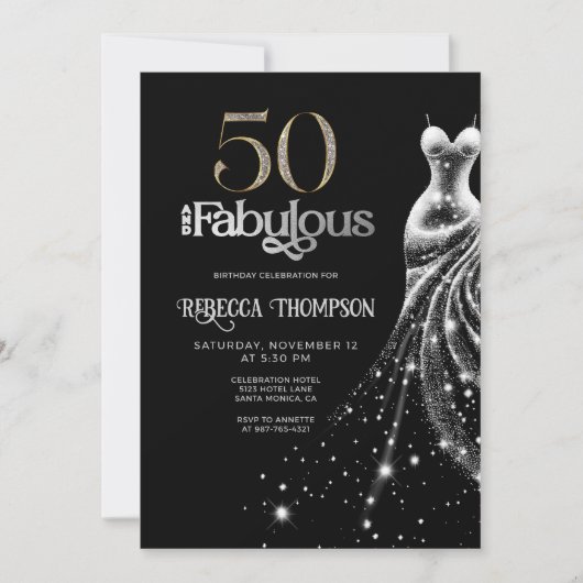 Fifty Fabulous Silver Dress Black 50th Birthday Einladung (Vorderseite)