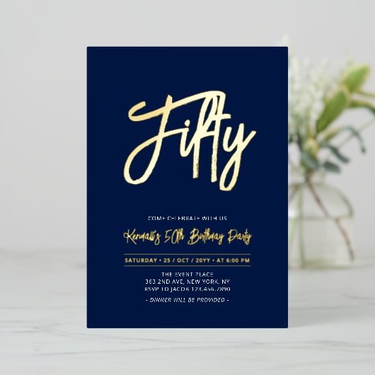 Fifty | Navy Chic Script 50th Birthday Party Folieneinladung (Stehend vorne)