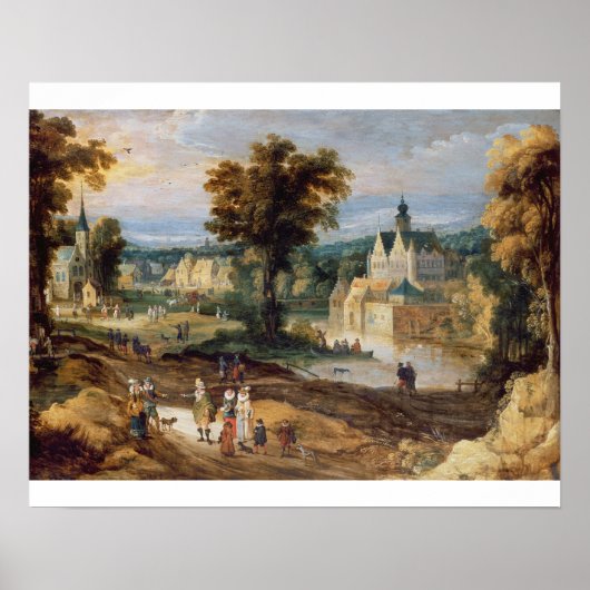 Figuren in einer Landschaft mit Dorf- und Burgstra Poster (Vorne)