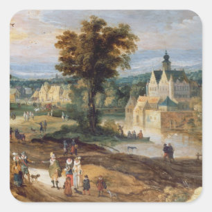 Figuren in einer Landschaft mit Dorf- und Burgstra Quadratischer Aufkleber