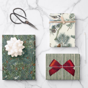 Filiale Filiale von Evergreen Pinecone Bird Streif Geschenkpapier Set