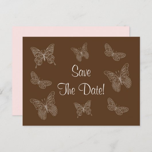Filigree Butterfly Save the Date Postkarte in Brau (Vorne/Hinten)