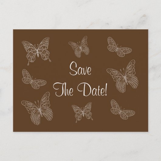 Filigree Butterfly Save the Date Postkarte in Brau (Vorderseite)