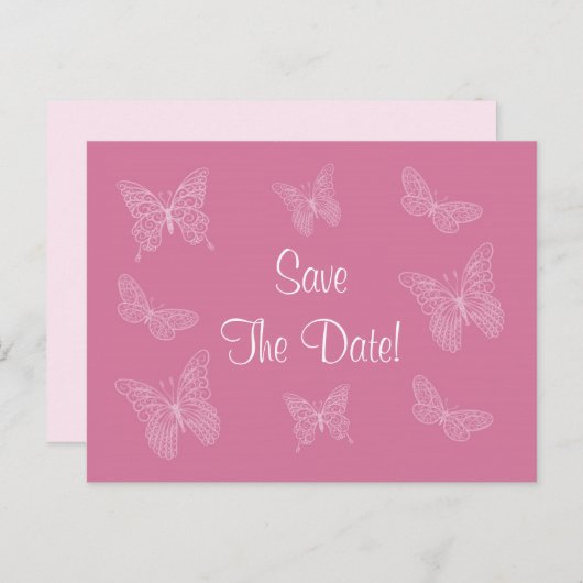 Filigree Butterfly Save the Date Postkarte in Rosa (Vorne/Hinten)