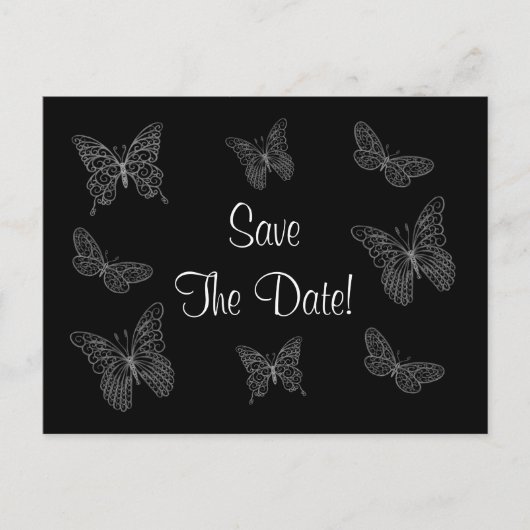 Filigree Butterfly Save the Date Postkarte in Schw (Vorderseite)
