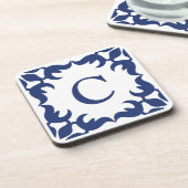 Filigree Gerahmte Monogramm in Navy Blue Getränkeuntersetzer (Linke Seite)