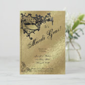 Filigree Maske auf Gold Mardi Gras Party Einladung (Stehend Vorderseite)