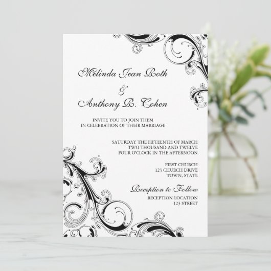 Filigree Swirl Black mit weißer 12x18 Wedding Einladung (Stehend Vorderseite)