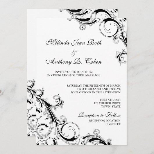 Filigree Swirl Black mit weißer 12x18 Wedding Einladung (Vorne/Hinten)