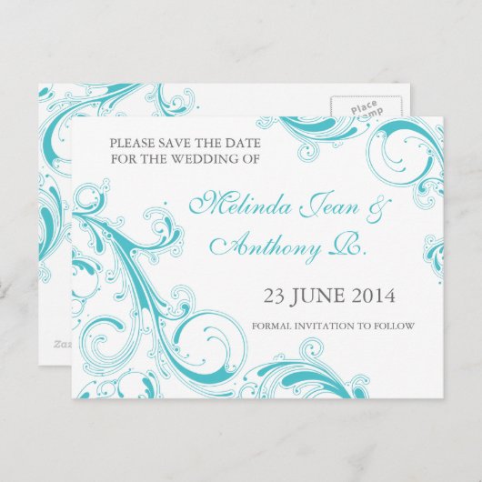 Filigree Swirl Blue Curacao Save the Date Ankündigungspostkarte (Vorne/Hinten)