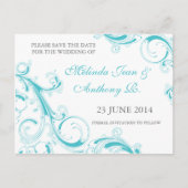 Filigree Swirl Blue Curacao Save the Date Ankündigungspostkarte (Vorderseite)