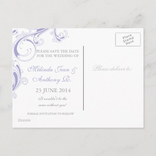 Filigree Swirl Lavender Save the Date Ankündigungspostkarte (Rückseite)
