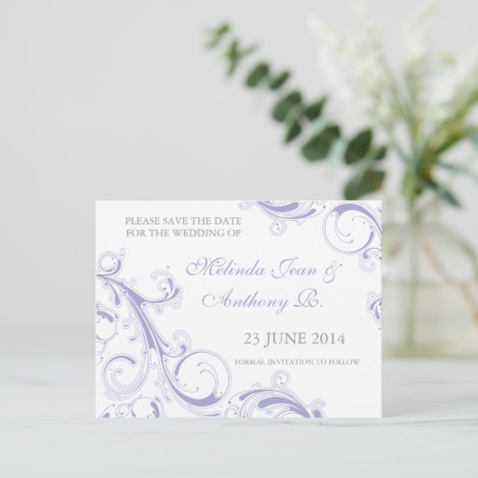Filigree Swirl Lavender Save the Date Ankündigungspostkarte (Stehend Vorderseite)