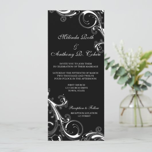 Filigree Swirl Schwarz mit Weiß 4 x 9,25 Hochzeit Einladung (Stehend Vorderseite)