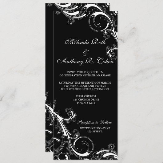 Filigree Swirl Schwarz mit Weiß 4 x 9,25 Hochzeit Einladung (Vorne/Hinten)