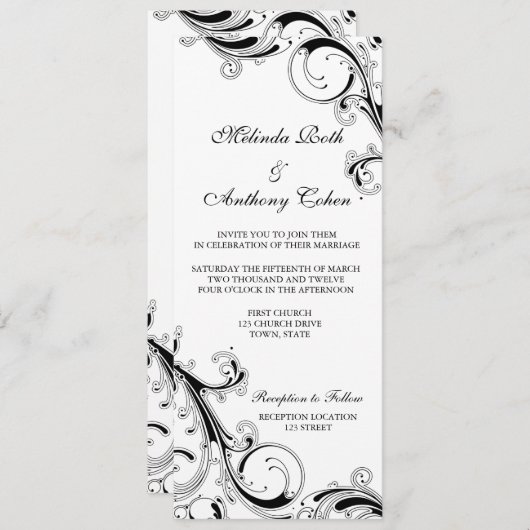 Filigree Swirl Schwarz mit Weiß 4 x 9,25 Hochzeit Einladung (Vorne/Hinten)