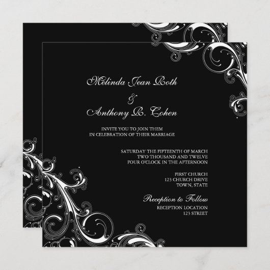 Filigree Swirl Schwarz mit weißem Quadrat Hochzeit Einladung (Vorne/Hinten)
