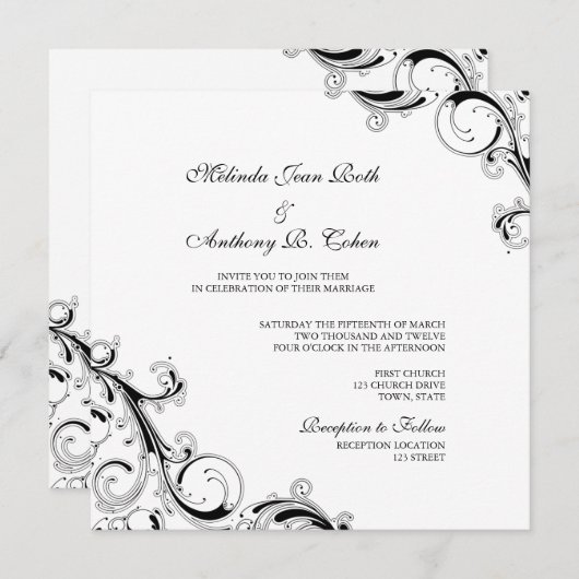 Filigree Swirl White w/Black Square Wedding Einladung (Vorne/Hinten)