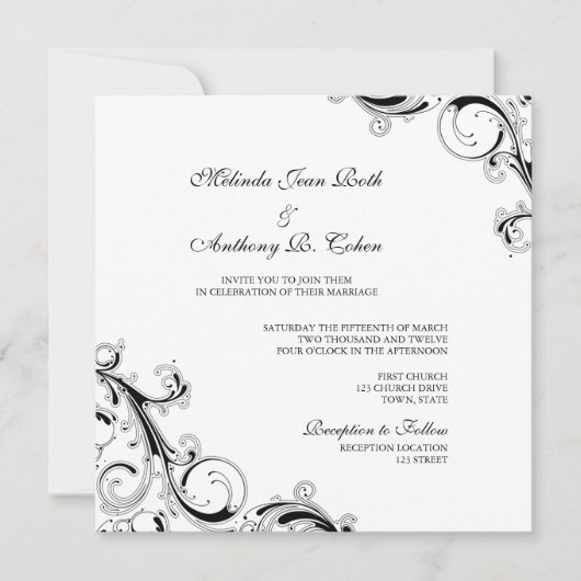 Filigree Swirl White w/Black Square Wedding Einladung (Vorderseite)