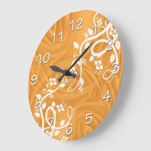 Filigree und Blütenblätter über Orange Große Wanduhr (Winkel)