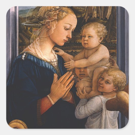 Filippo Lippi - Madonna und Kind mit zwei Engeln Quadratischer Aufkleber (Vorderseite)