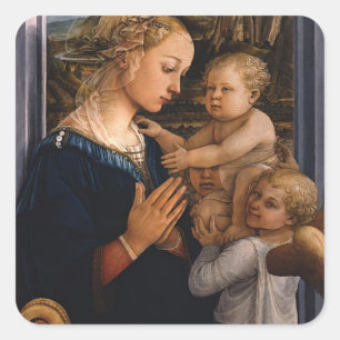 Filippo Lippi - Madonna und Kind mit zwei Engeln Quadratischer Aufkleber