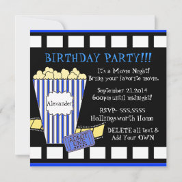 Film-Nacht mit Popcorn-und Film-Streifen im Blau Einladung