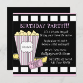 Film-Nachtpopcorn-Film-Streifen-Party im Rosa Einladung (Vorne/Hinten)