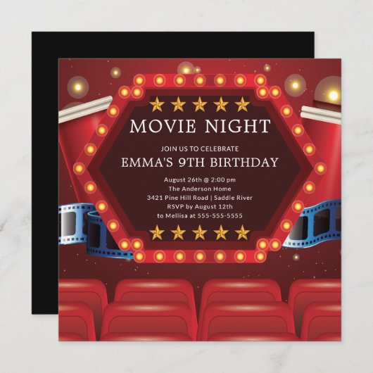 Filmabend Geburtstagsparty Einladungen (Vorne/Hinten)