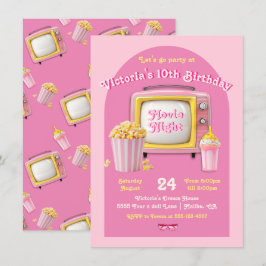 Filmabend Puppe Retro Pink TV Geburtstagsparty Einladung