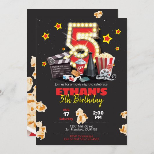 Filmabend, Theater - 5. Geburtstag Einladung (Vorne/Hinten)