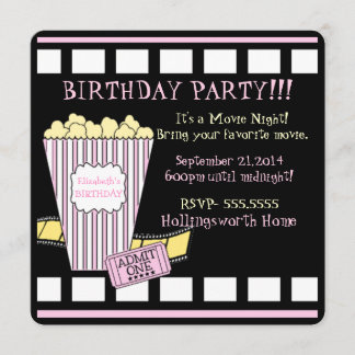 Filmnacht Popcorn Film Strip Pink Girls Party Einladung
