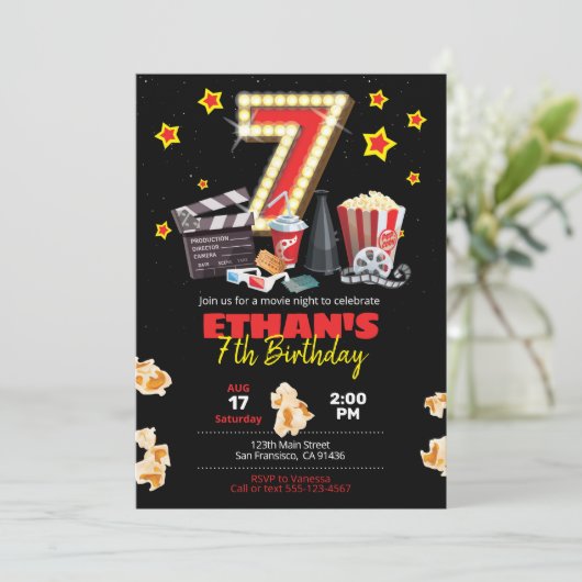 Filmnacht, Theater - Einladung zum 7. Geburtstag (Stehend Vorderseite)