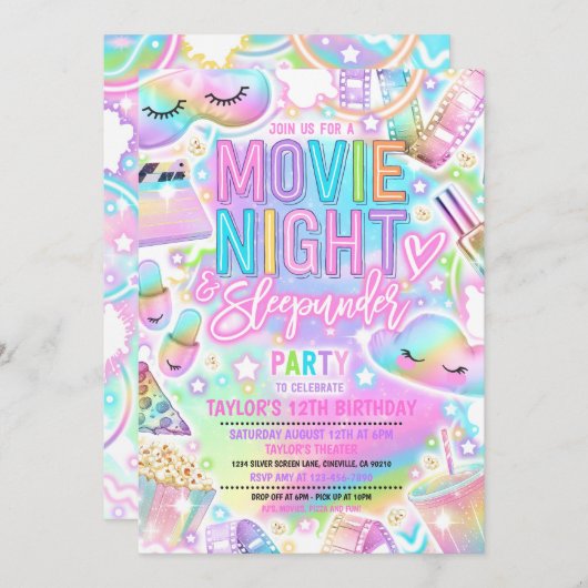 Filmnachtsläepunder Pastell Rainbow Birthday Einladung (Vorne/Hinten)