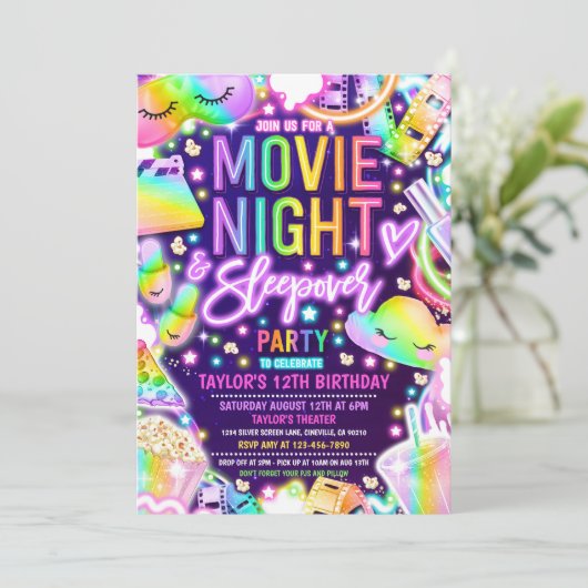 Filmnachtsleepover Neon Rainbow Geburtstag Einladung (Stehend Vorderseite)
