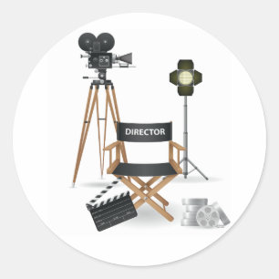 Filmregisseursessel und Vintage-Filmkamera-Set Runder Aufkleber