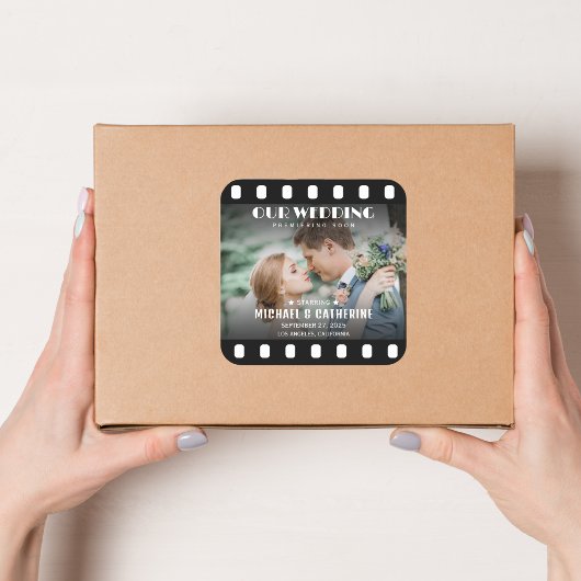 Filmstreifen schwarz-weiß Hochzeit Quadratischer Aufkleber