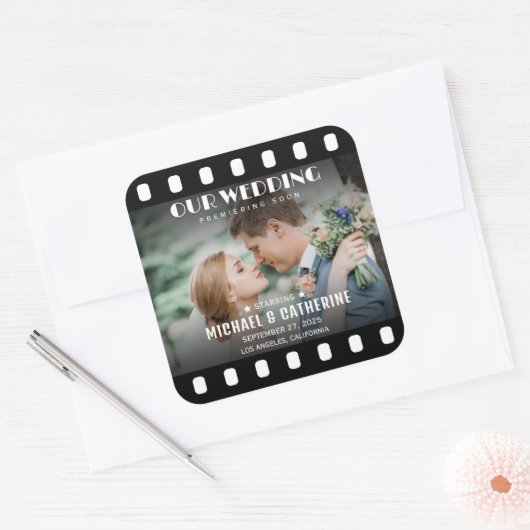 Filmstreifen schwarz-weiß Hochzeit Quadratischer Aufkleber (Umschlag)